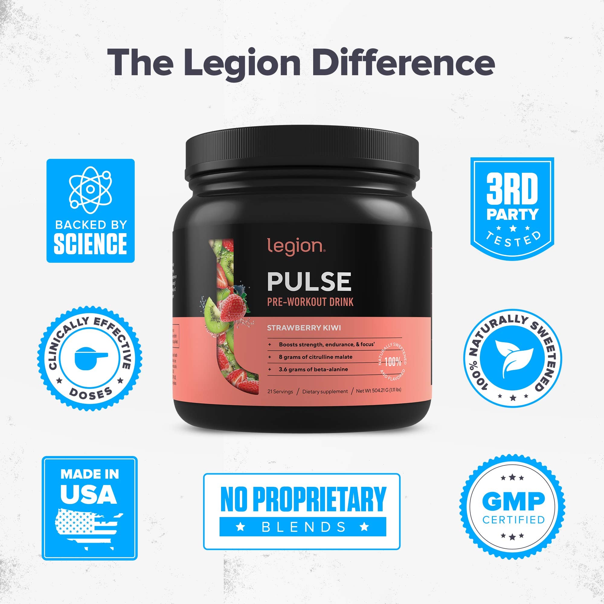 LEGION Pulse Pre Workout, boisson Fraise Kiwi, goût naturel et énergie prête pour l'entraînement.