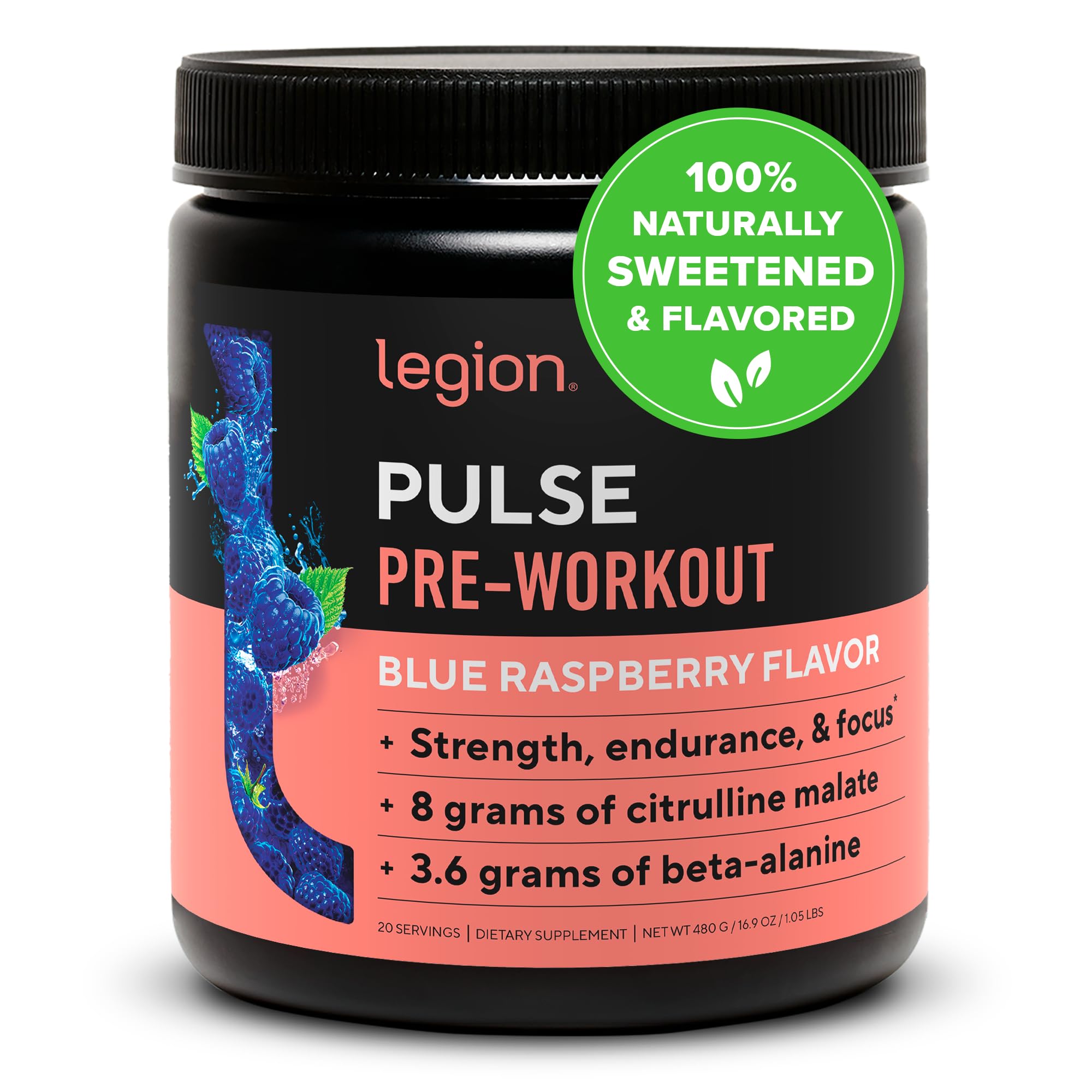 LEGION Pulse Pre Workout — bouteille framboise bleue, énergie soutenue avant l’entraînement.