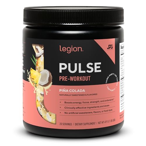 Pulse Pre Workout LEGION en boîte présentoir, énergie durable avant l’entraînement.