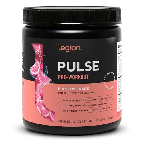 Bouteille LEGION Pulse Pre Workout prête pour une énergie naturelle avant séance.