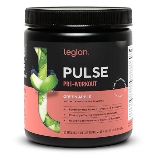 LEGION Pulse Pre Workout, bouteille en verre, prêt pour l’entraînement énergique.