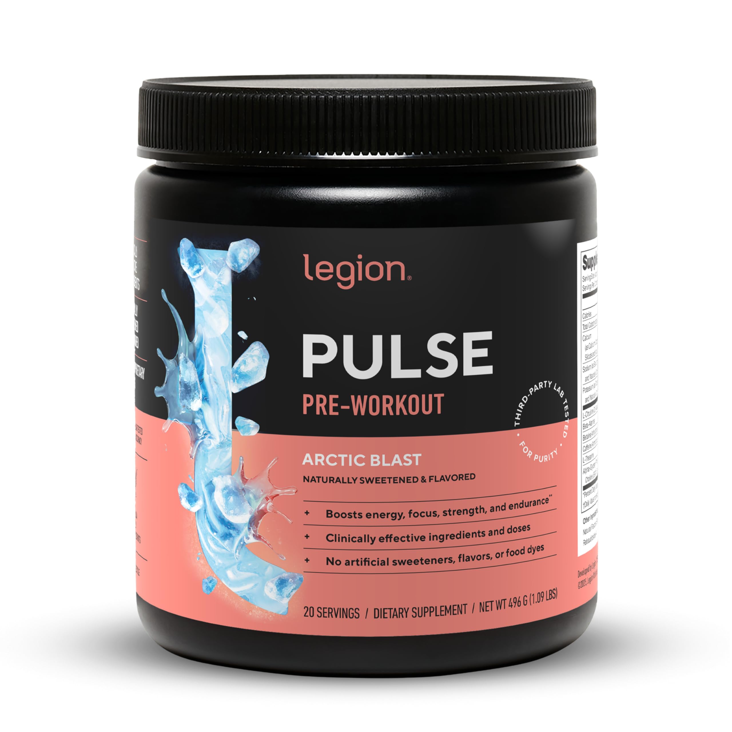 Legion Pulse Pre Workout : bouteille et étiquette claires pour une utilisation sans surprise.