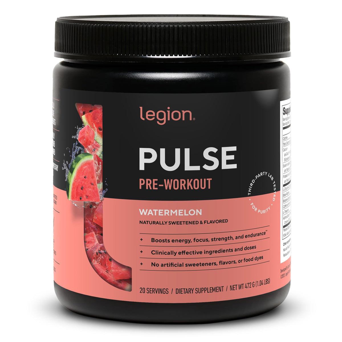 LEGION Pulse Preworkout, bouteille pastèque pour énergie pré-entraînement.