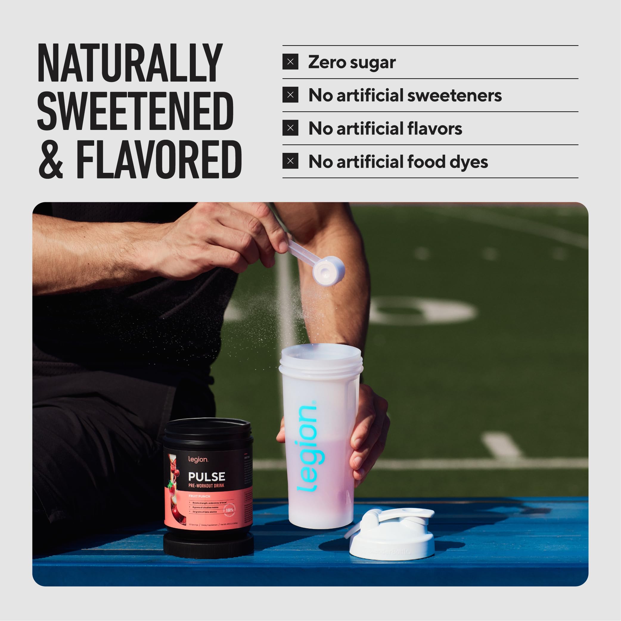 Poudre fine Pulse Preworkout: texture légère pour dissolution rapide.