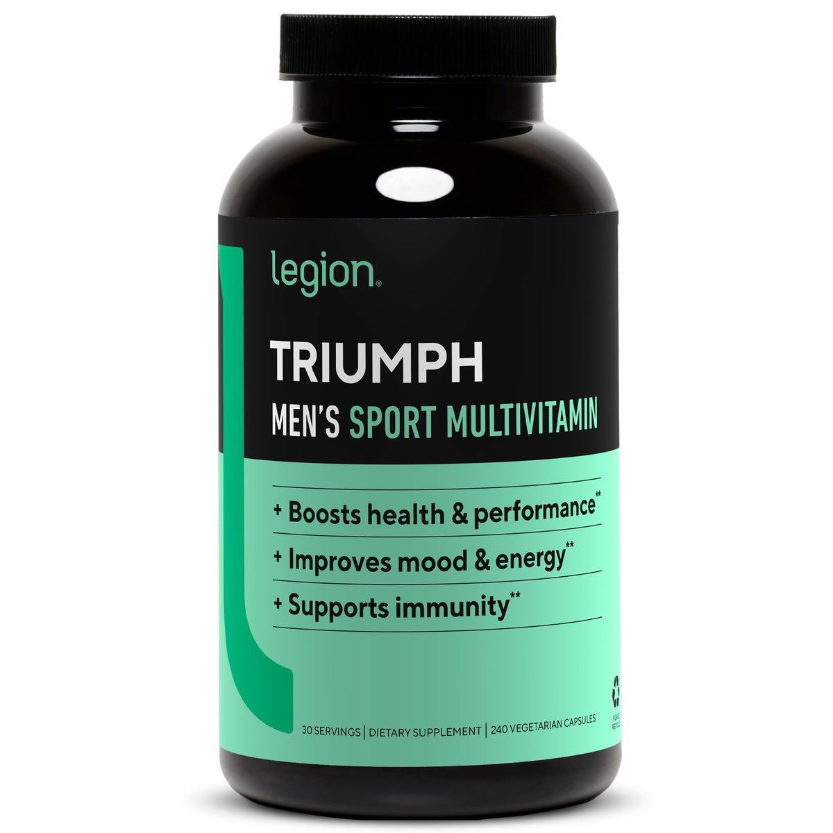 LEGION Triumph – bouteille multivitamines ouverte, prise quotidienne facilitée