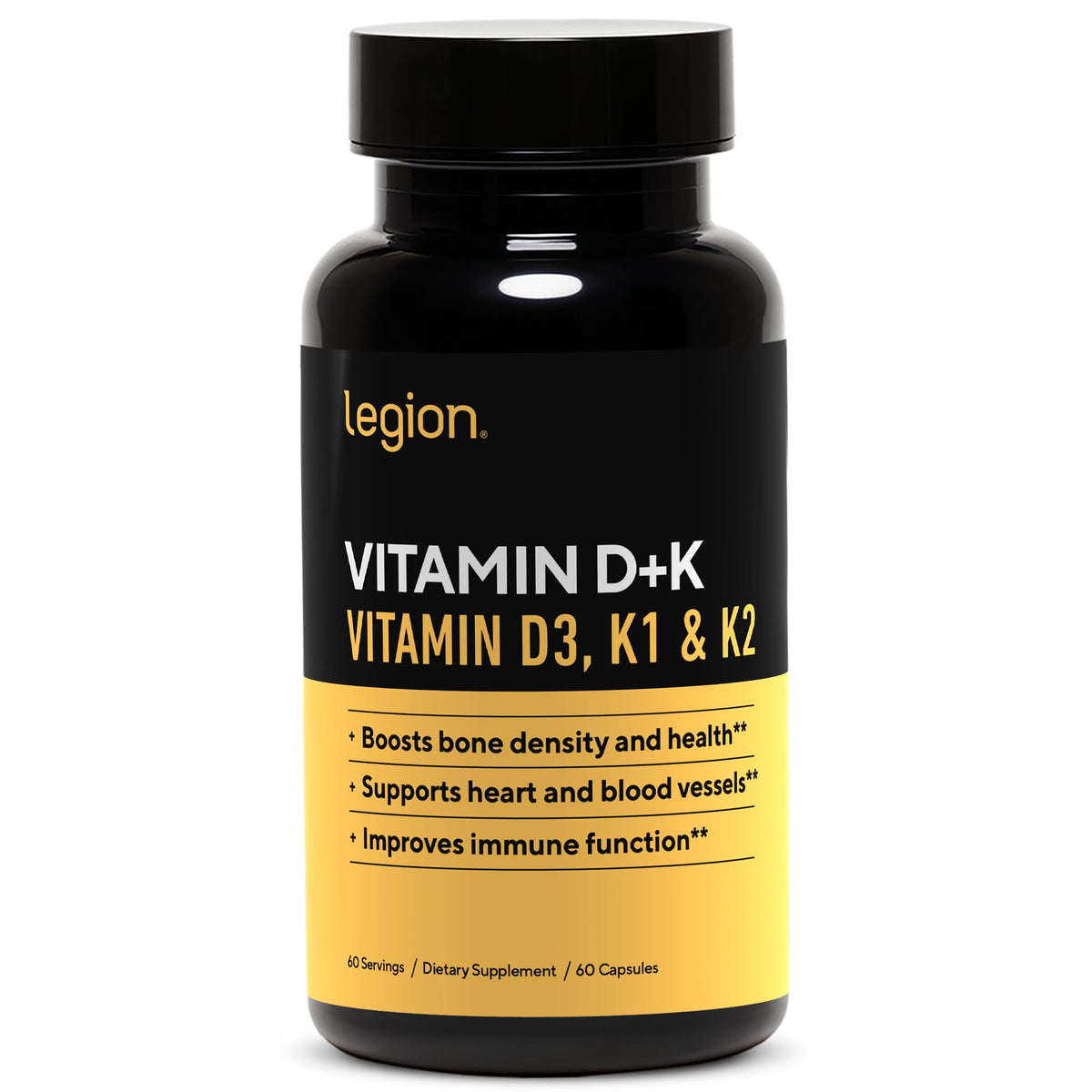 Gélules LEGION vitamine D3 K2 dans une bouteille, soutien possible à la densité osseuse.