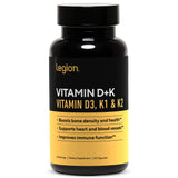 Gélules LEGION vitamine D3 K2 dans une bouteille, soutien possible à la densité osseuse.