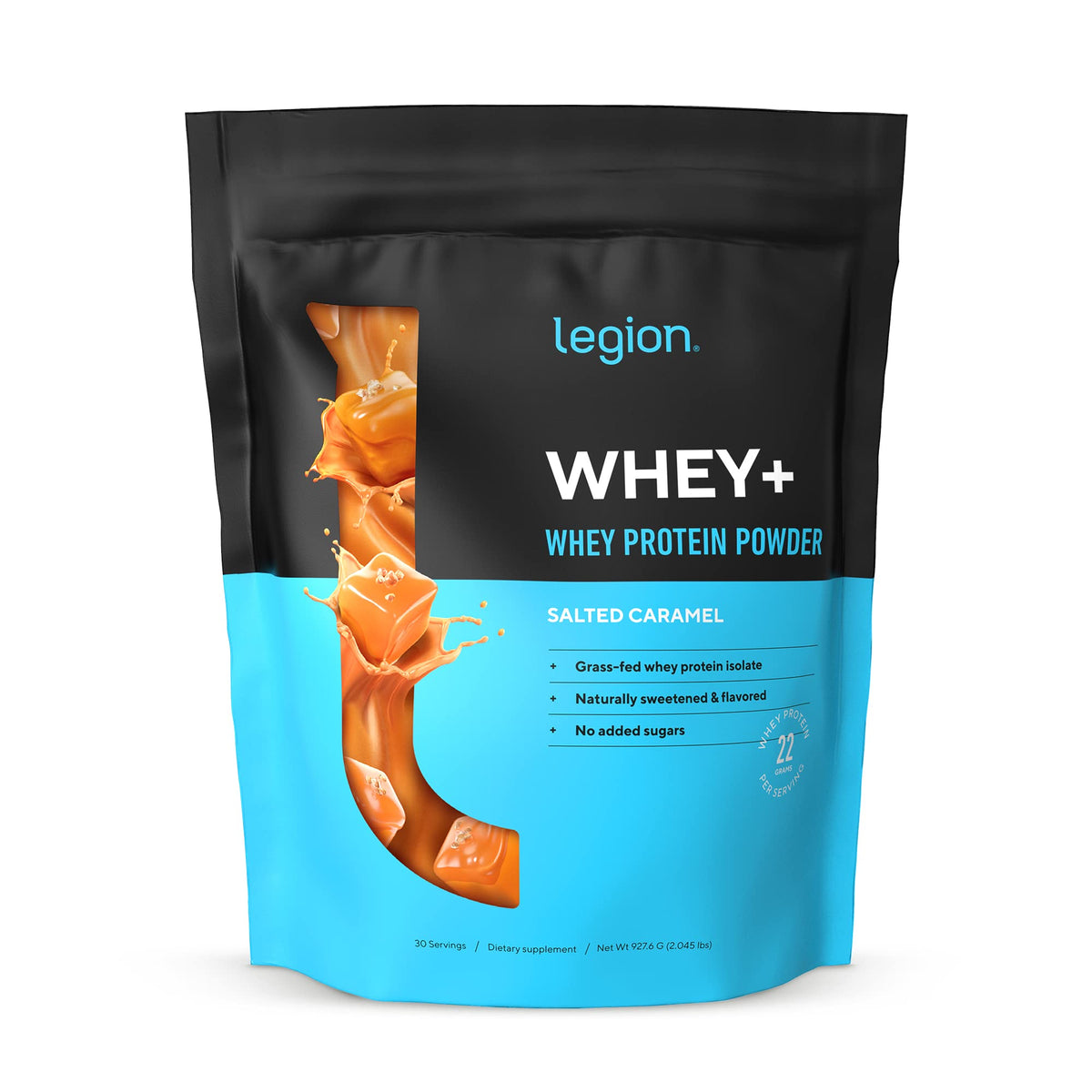 LEGION Whey+ isolat protéique, bouteille caramel salé, digestibilité élevée.