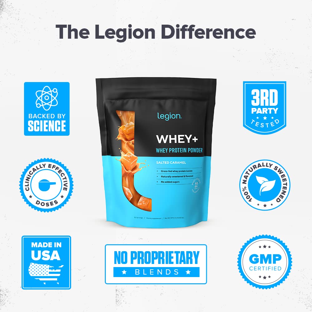LEGION Whey+ isolat protéique, étiquette transparente caramel salé, composition lisible.
