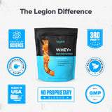 LEGION Whey+ isolat protéique, étiquette transparente caramel salé, composition lisible.