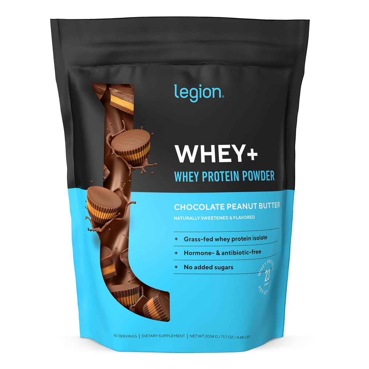 LEGION Whey+ Isolat chocolat cacahuète en bouteille, goût riche et digestibilité améliorée.