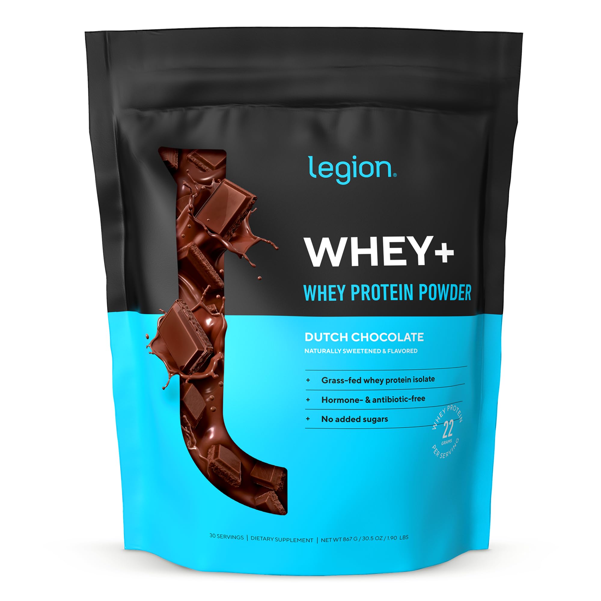 LEGION Whey+ isolat chocolat, poudre protéinée riche après l'entraînement.