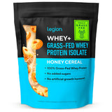 Légion Whey+ poudre isolate miel-céréales en boîte, shake rapide et protéiné.