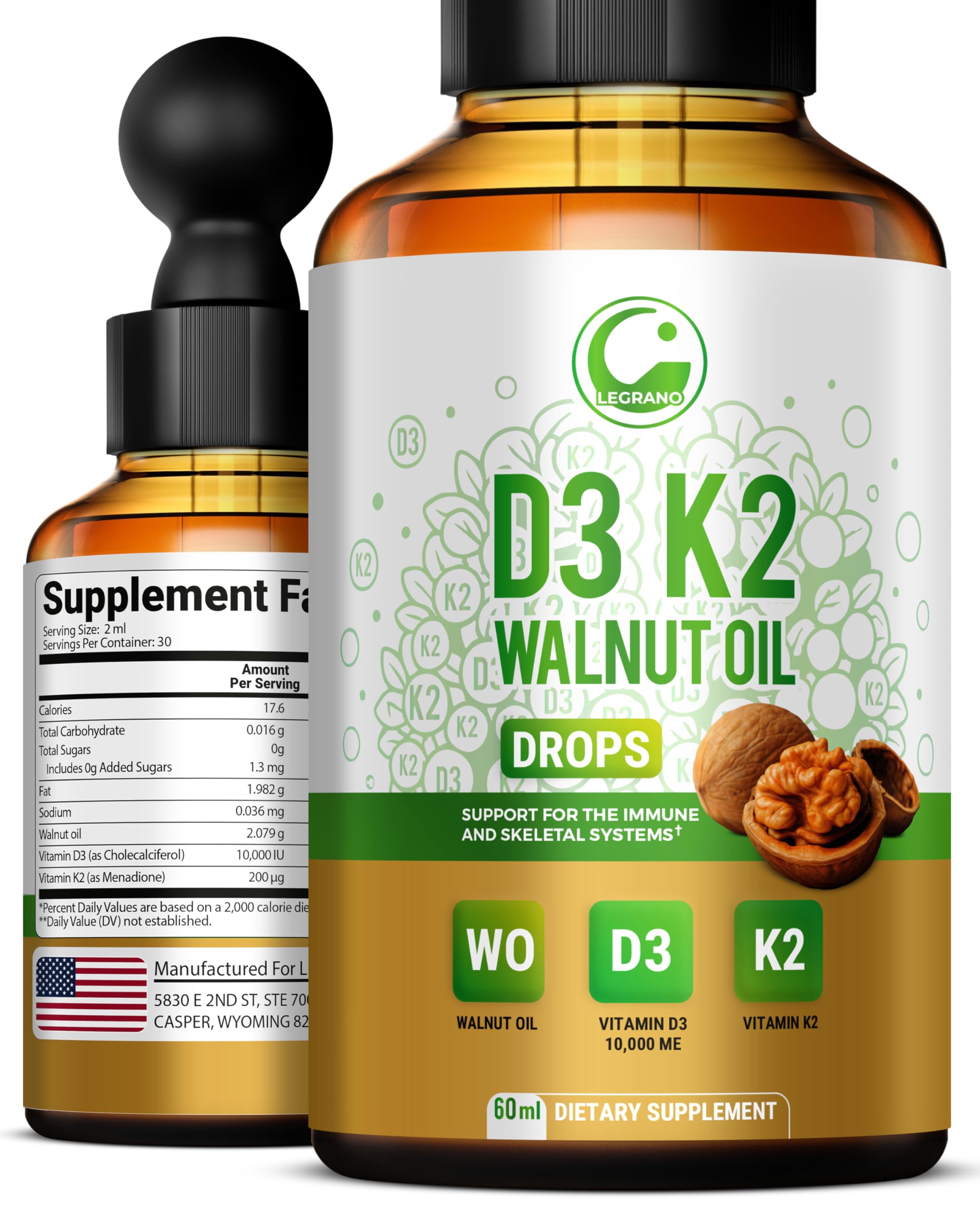 LEGRANO gouttes D3 K2 huile-noisette, flacon et compte-gouttes facilitant l'absorption.