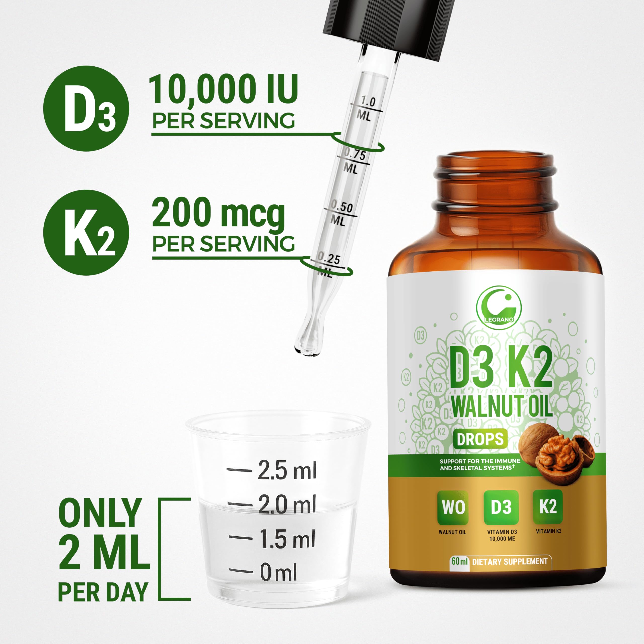 LEGRANO gouttes D3 K2 préparation avec eau, jus ou smoothie.