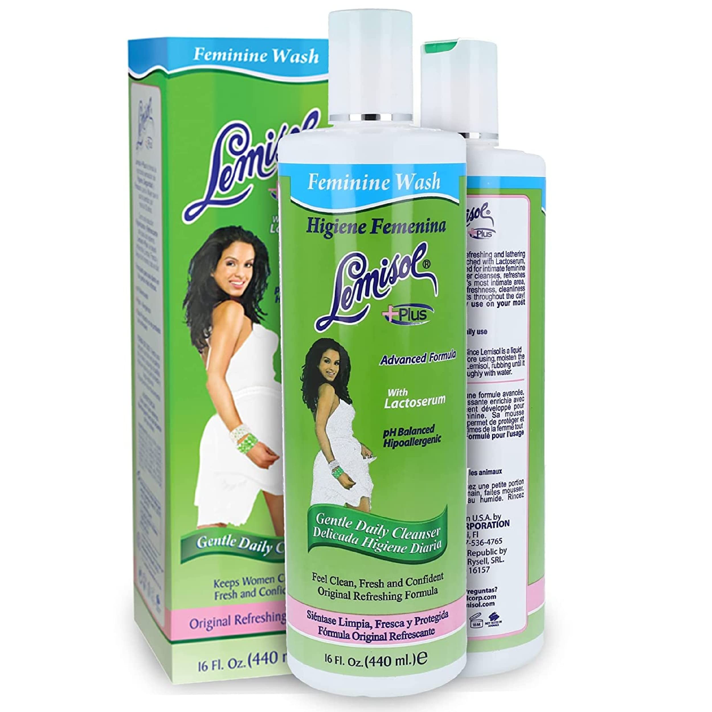 Lemisol Plus, emballage frais, solution douce et pratique pour l’hygiène féminine.