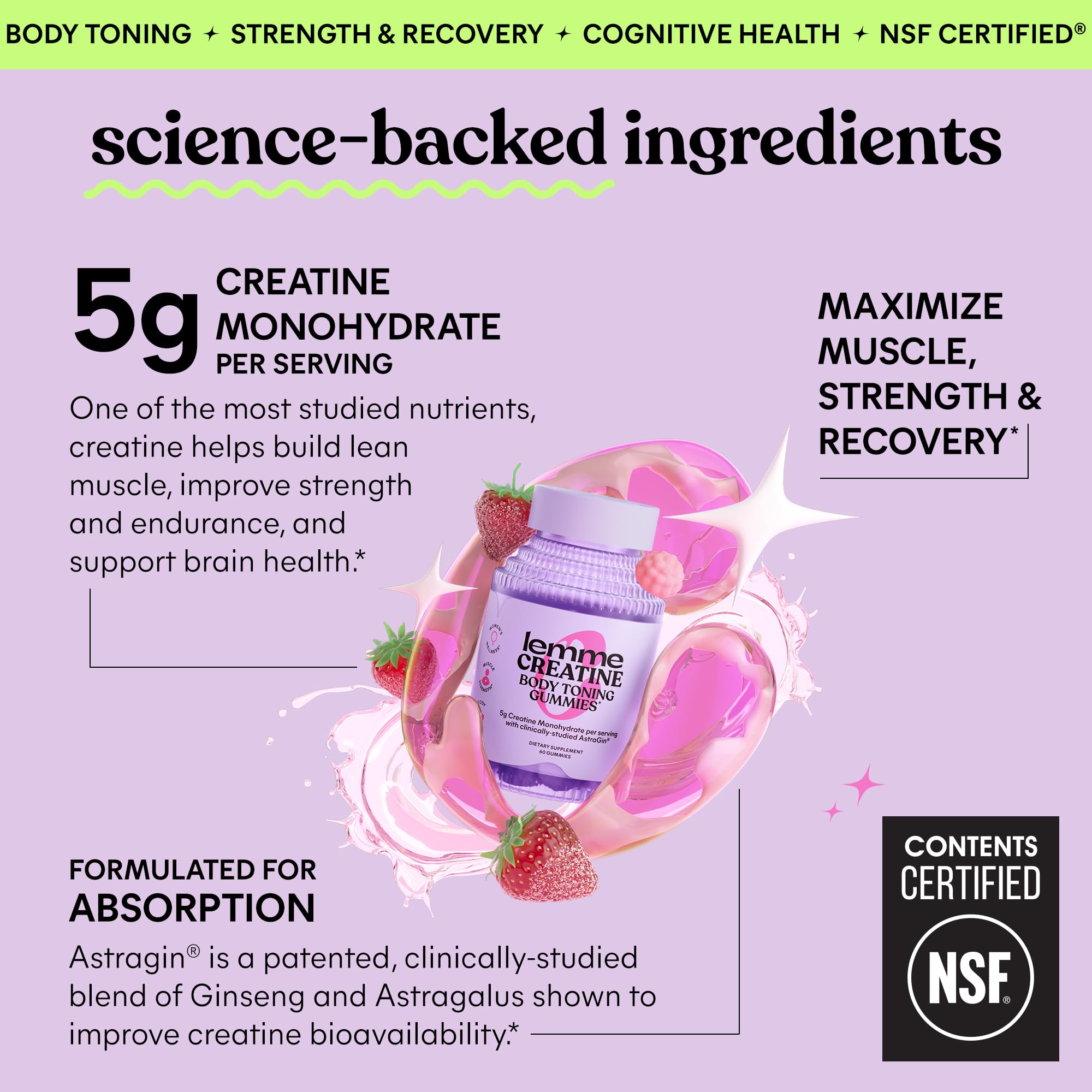 Lemme Creatine Monohydrate Gummies – texture pectine, facile à mâcher sans poudre.