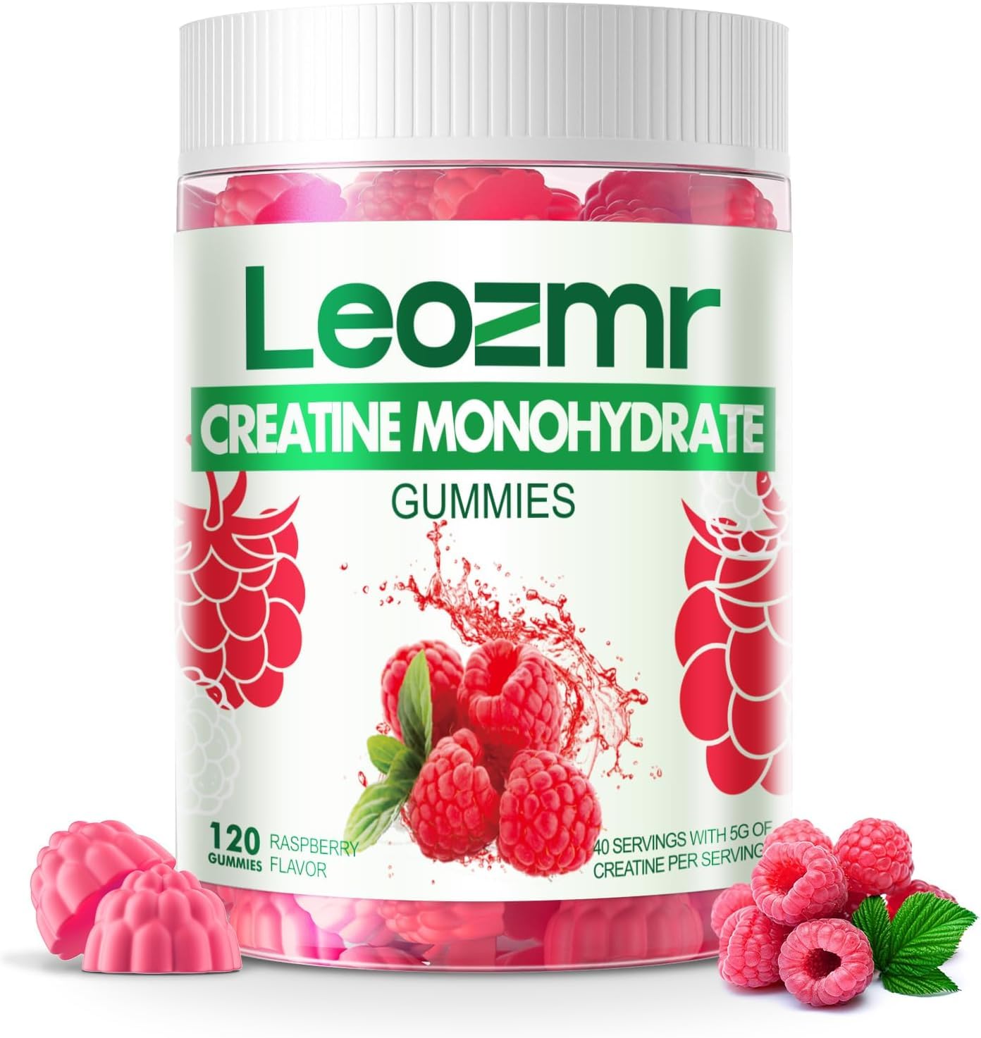 Leozmr Creatine Monohydrate Gummies framboise, usage avant entraînement pour énergie et récupération.