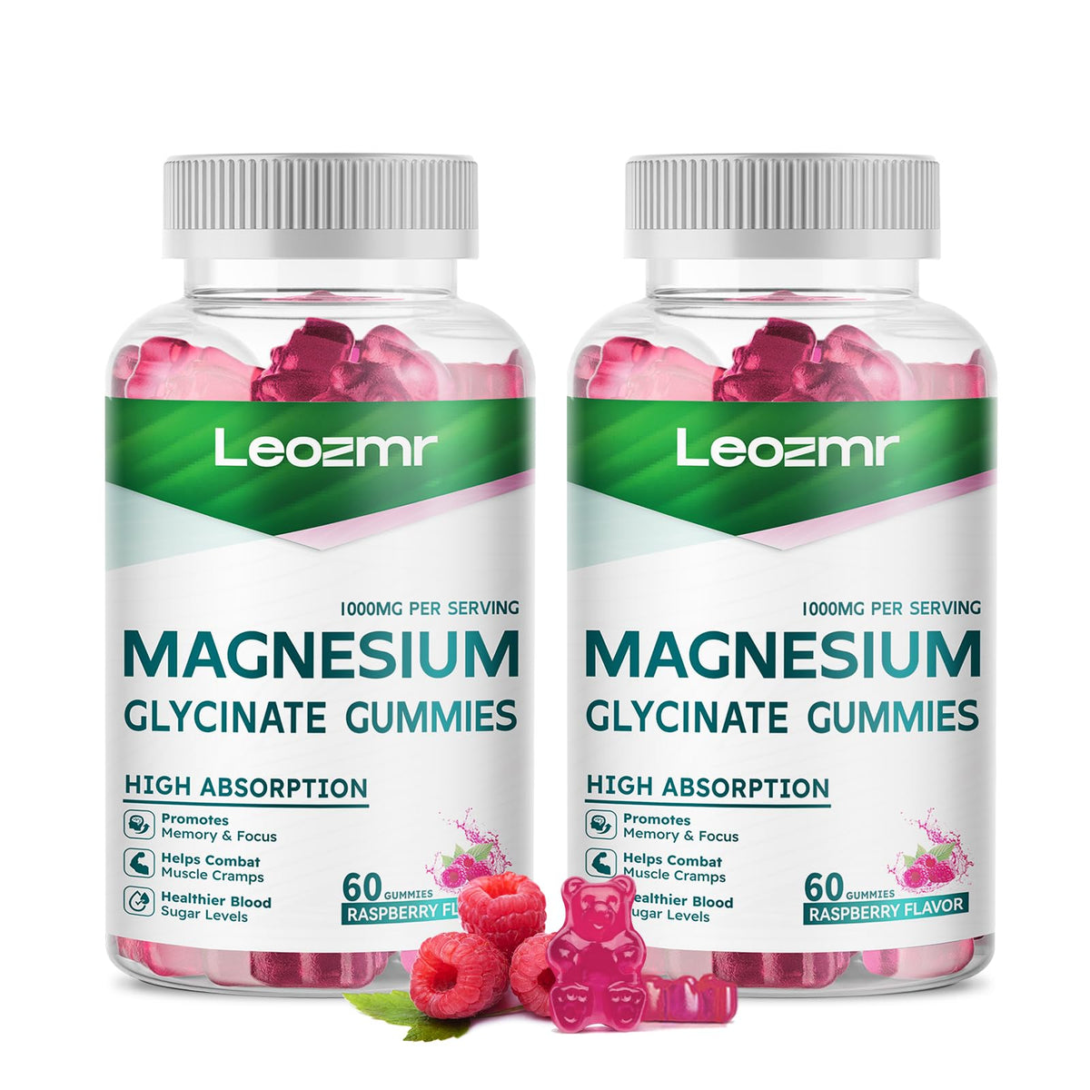 Gommes Leozmr Framboise Magnésium 1000mg, calme potentiel et sommeil.