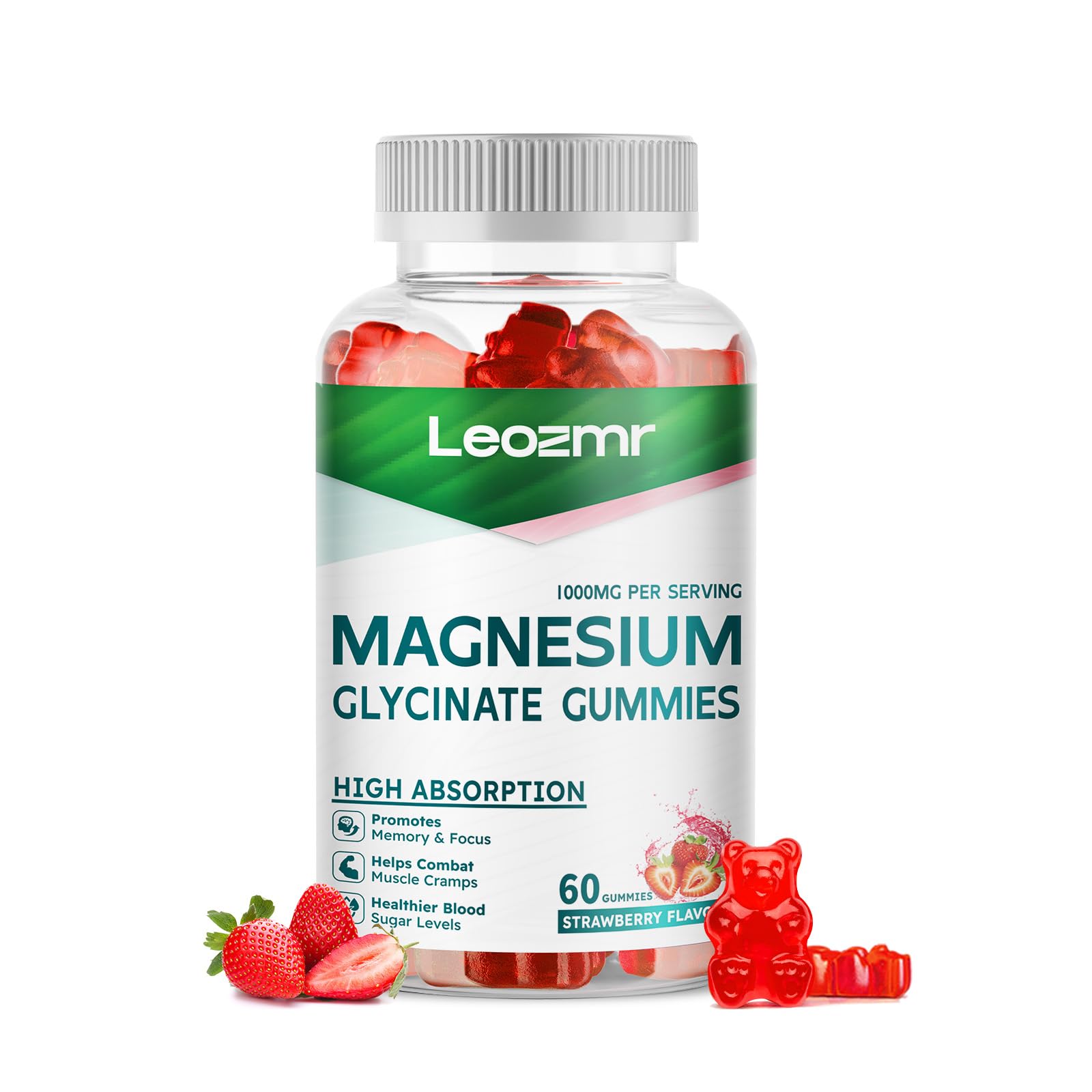 Gommes magnésium glycinate Leozmr fraise, soutien calme potentiel.