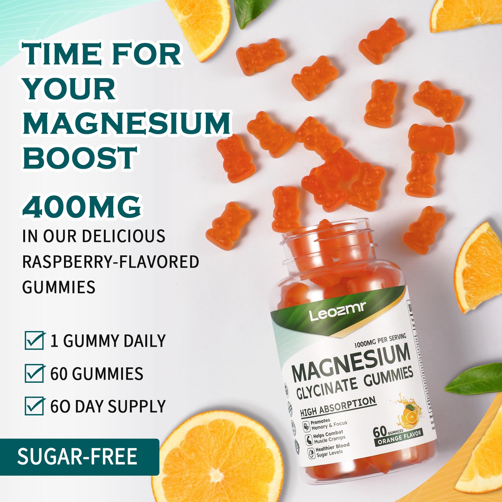 Gummies Leozmr magnésium glycinate orange sans sucre et sans gluten