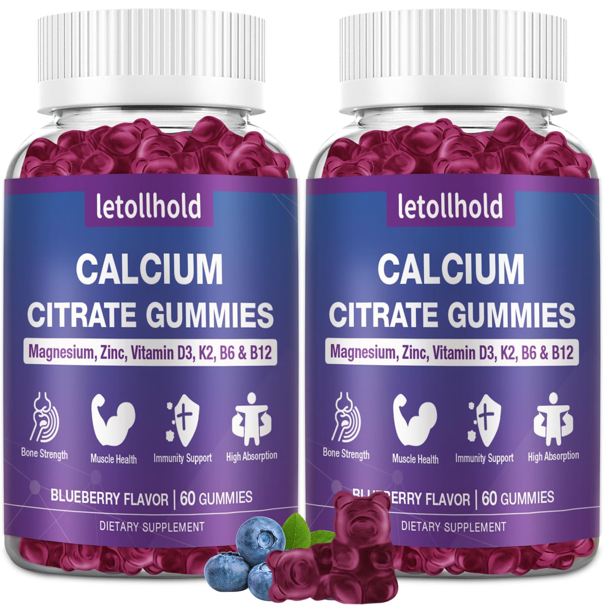 Letollhold calcium citrate bonbons Myrtille, 1200 mg, pour la santé des os et des muscles