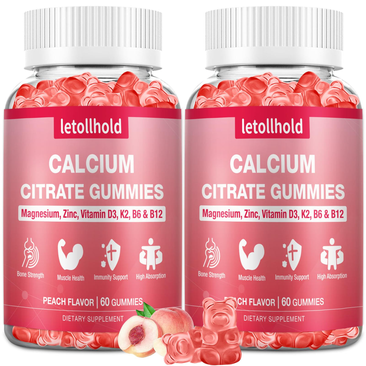 Letollhold calcium citrate gummies pêche soutiennent les os et la fonction musculaire.