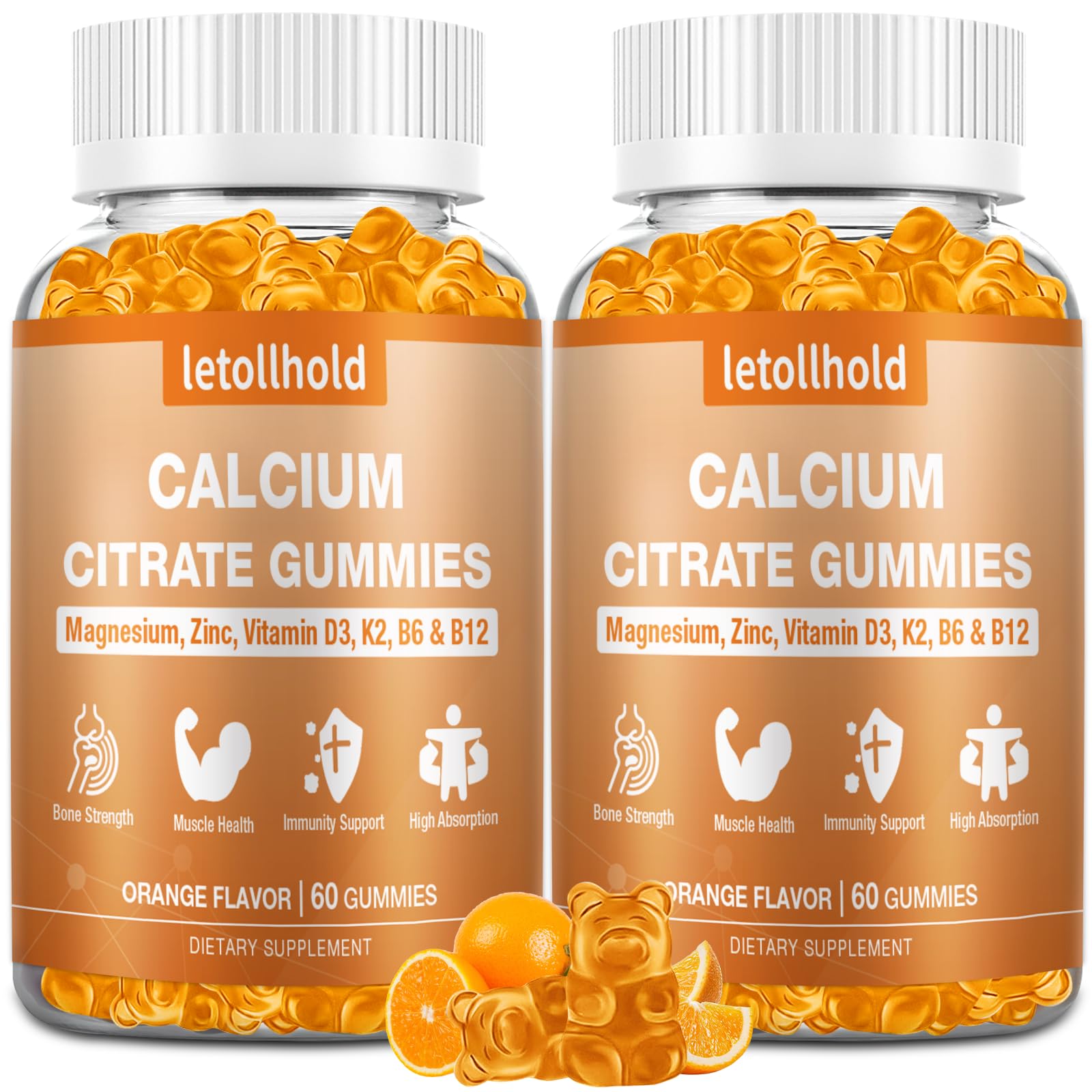 Letollhold Gommes citrate de calcium saveur orange, soutien potentiel des os et des muscles.