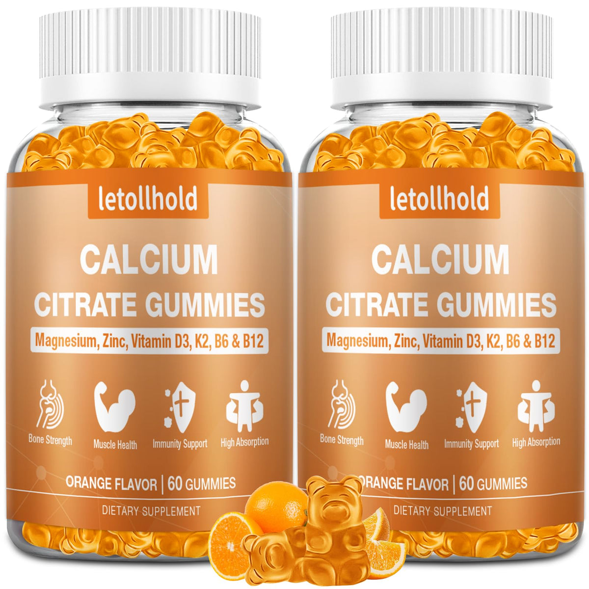 Letollhold Gommes citrate de calcium saveur orange, soutien potentiel des os et des muscles.