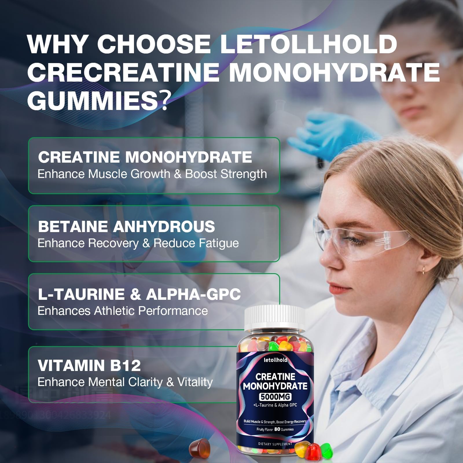 Letollhold gommes créatine monohydrate avant l'entraînement; texture fruitée et énergie rapide.