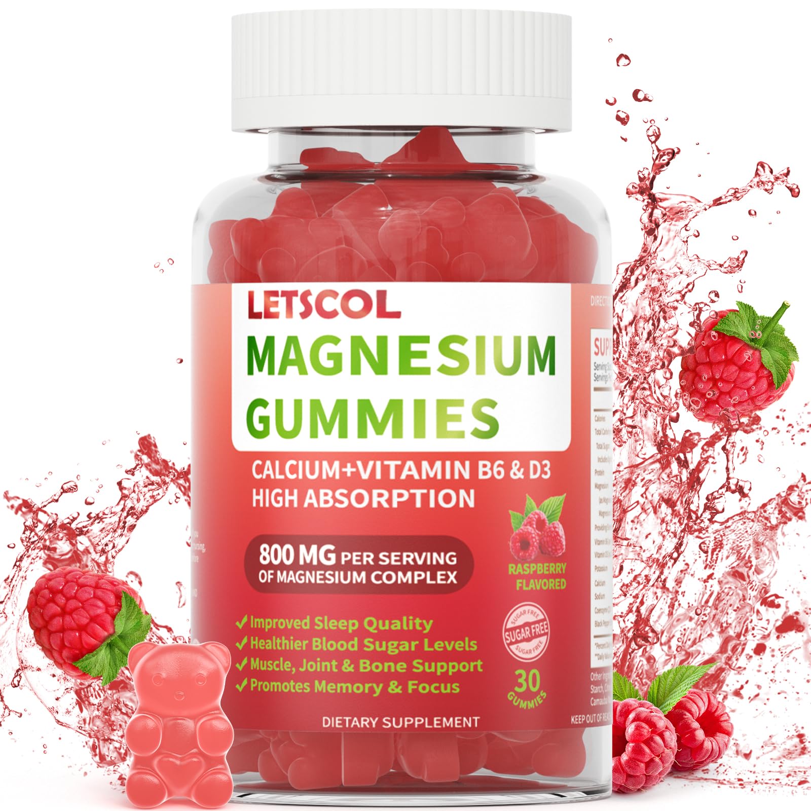 Gummies LETSCOL magnésium glycinate en bouteille framboise soutiennent le repos.