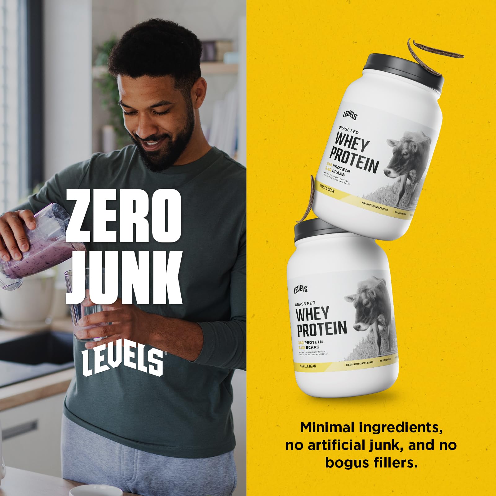 Étiquette Levels Vanille Bean indiquant fabrication USA et procédé microfiltré à froid.