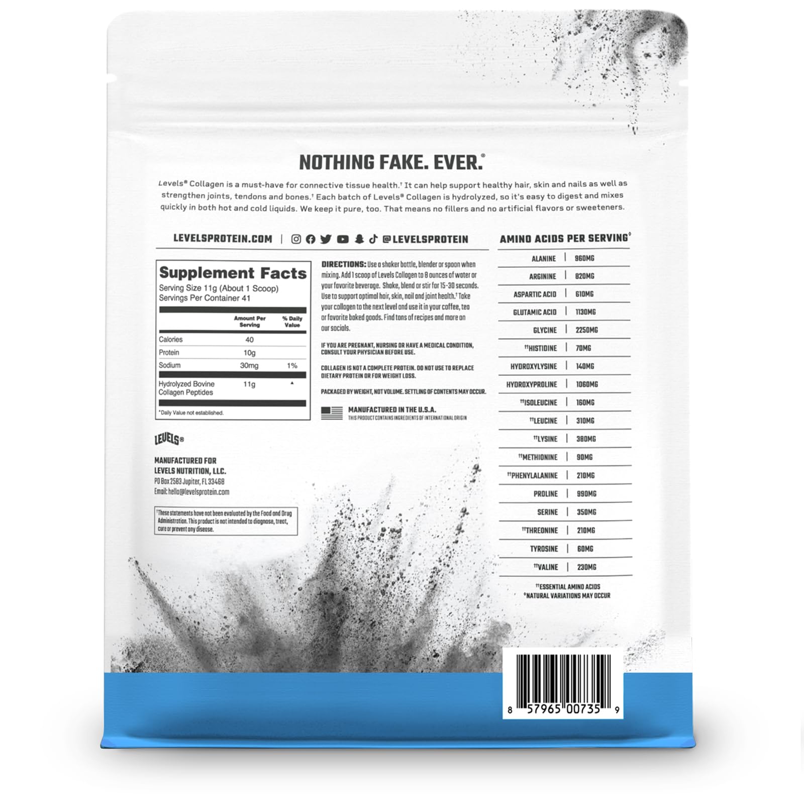 Levels Nutrition Collagen Peptides: prise de vue rapprochée du logo et de l'etiquette.