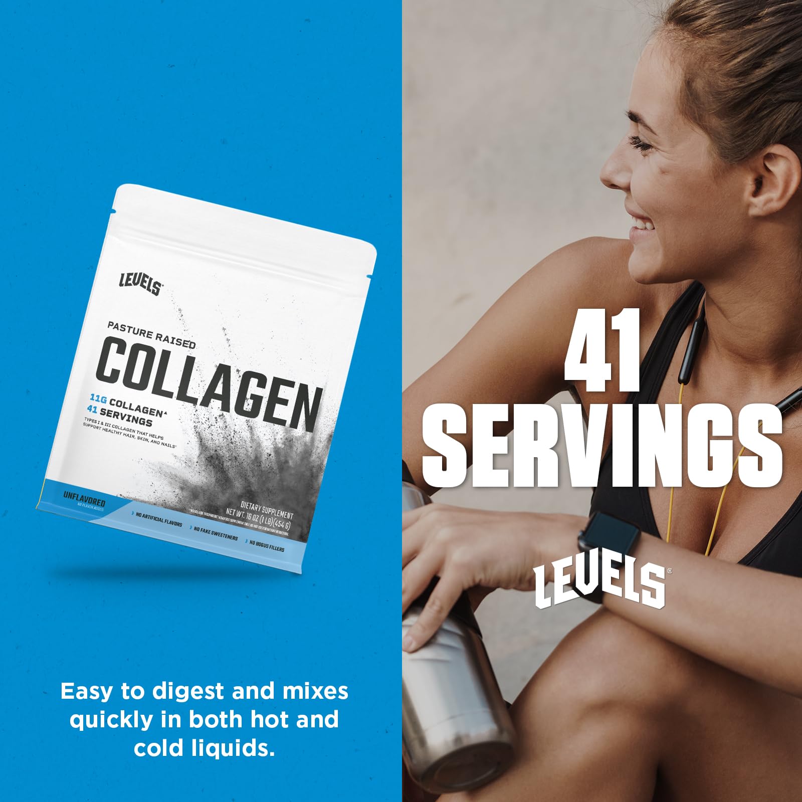 Levels Nutrition Collagen Peptides: intégré dans un smoothie onctueux et neutre.