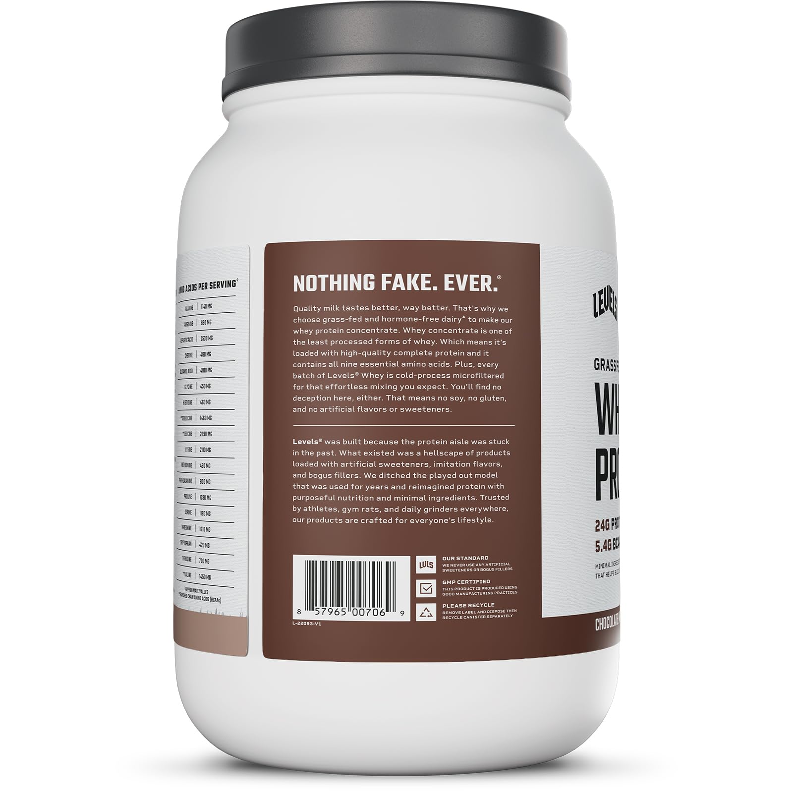 Levels Nutrition whey nourri a l herbe boite 907 g, emballage pratique et durable