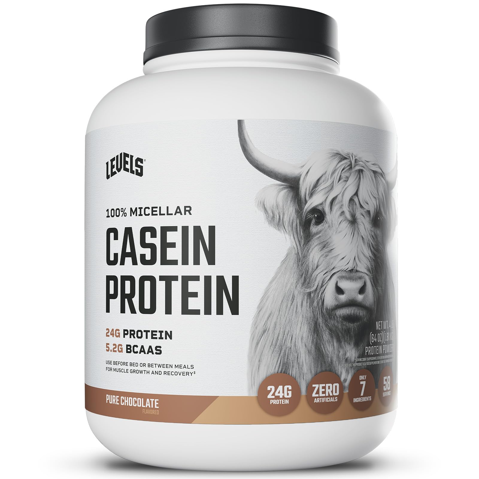 Levels Casein Chocolat, bouteille visible, apport protéique durable.