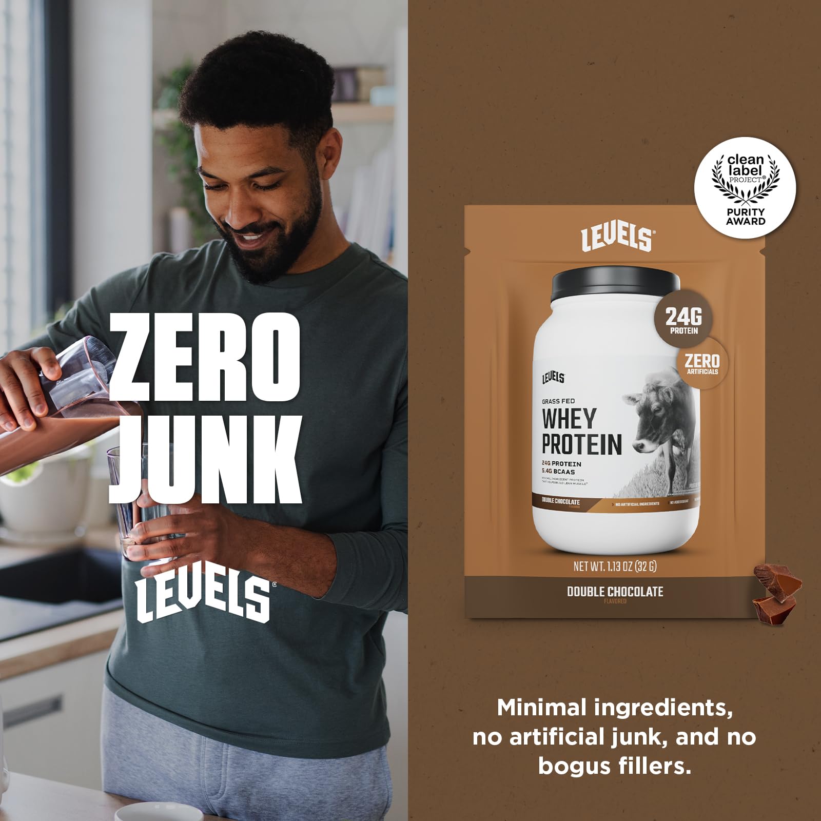 Étiquette nutrition Levels protéine montre 24 g et BCAA, usage après entraînement.