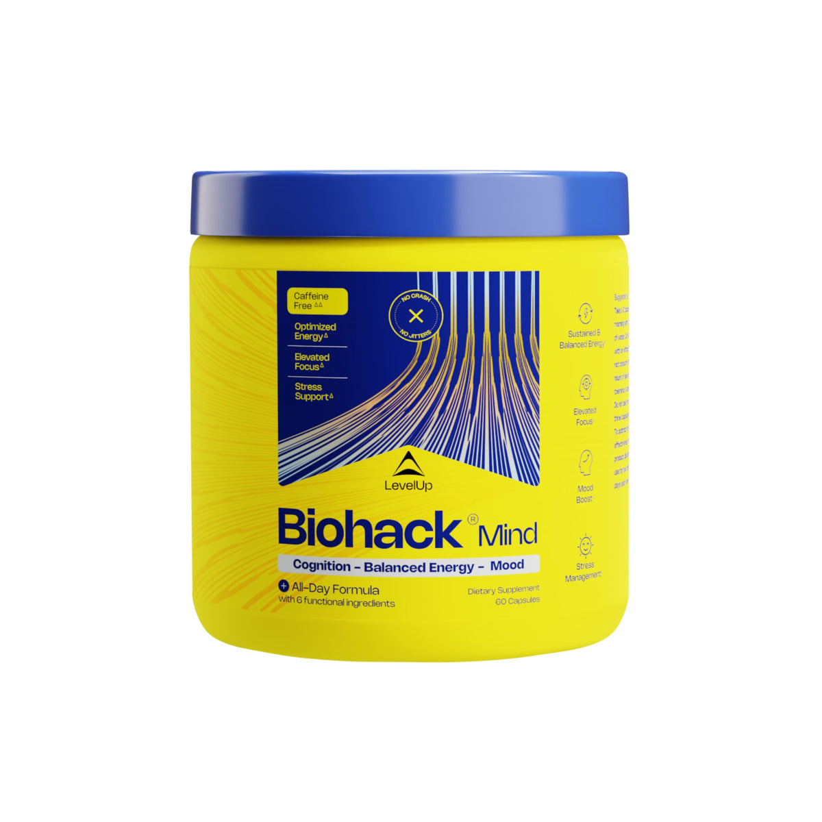 LevelUp Biohack Mind – bouteille montrant énergie soutenue et concentration.