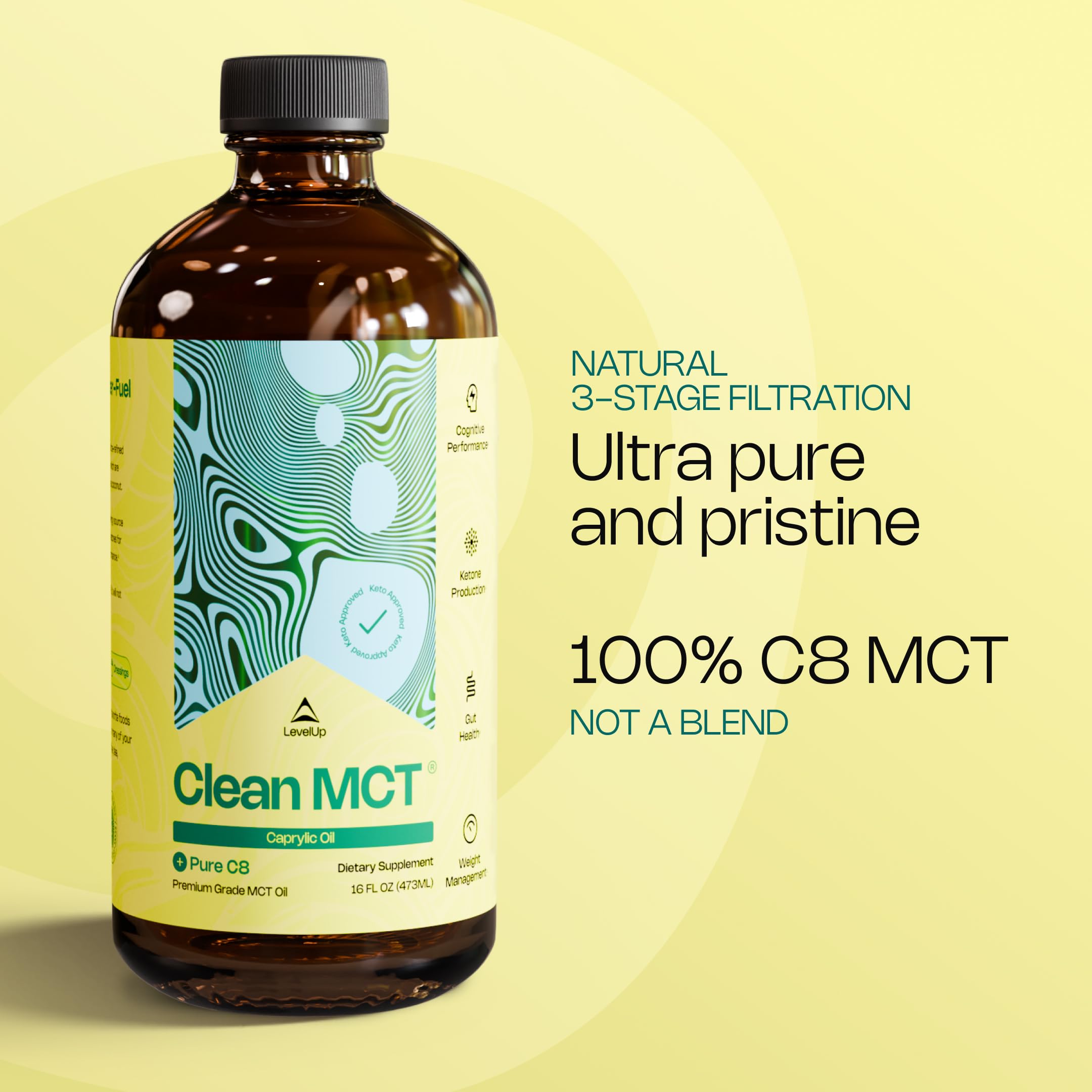 Produit non-GMO LevelUp C8 MCT sans additifs artificiels.