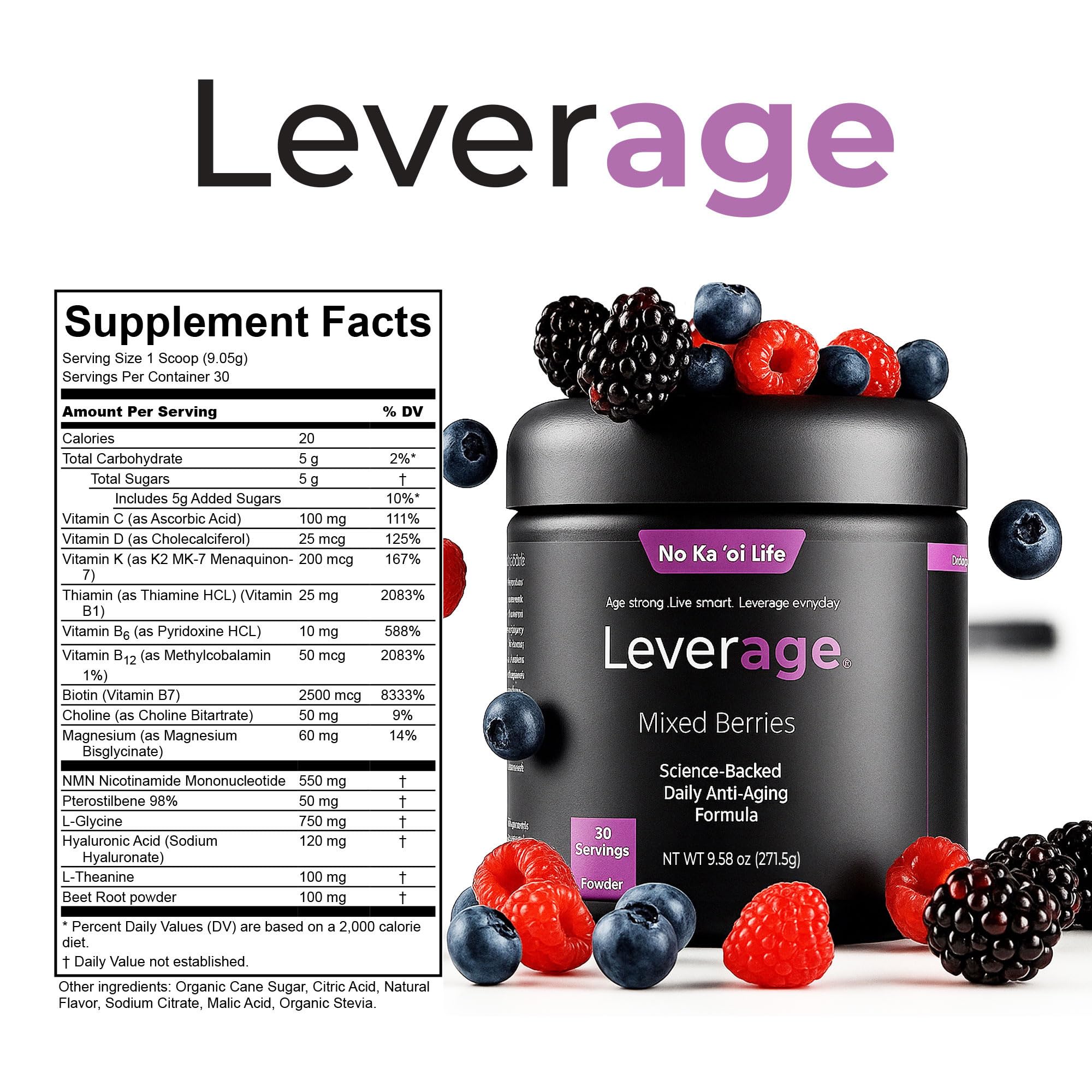 Leverage dose quotidienne en poudre prête à être mélangée dans l'eau.