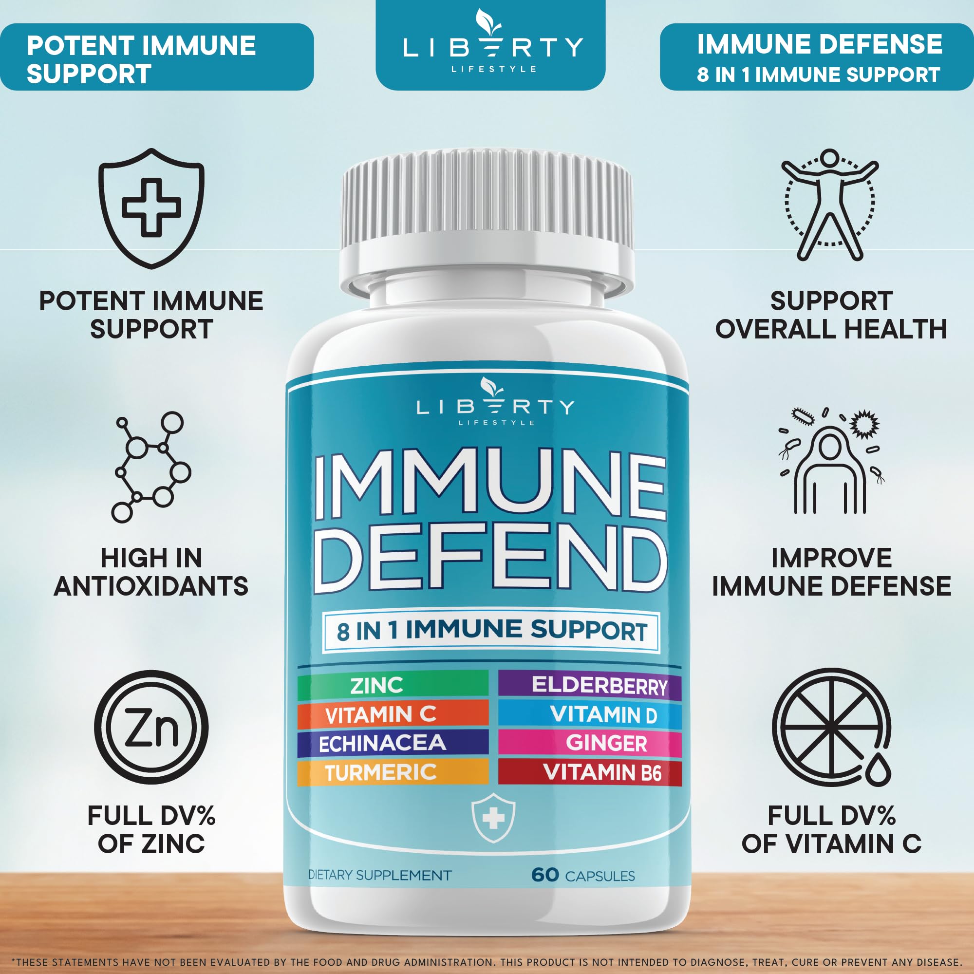Liberty Lifestyle Immunité 8 en 1 – capsules Vitamine C et Zinc pour l'énergie quotidienne