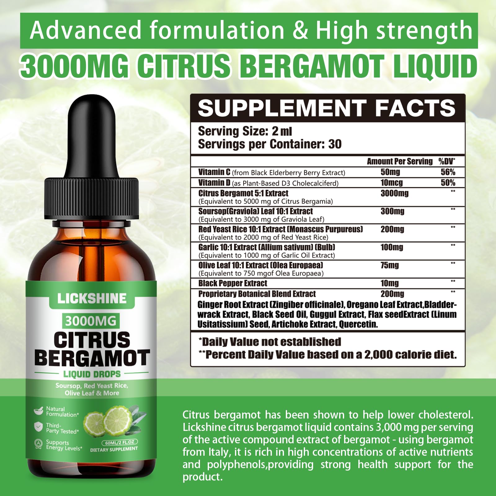 Gouttes Lickshine bergamote avec doseur, dosage précis et pratique.