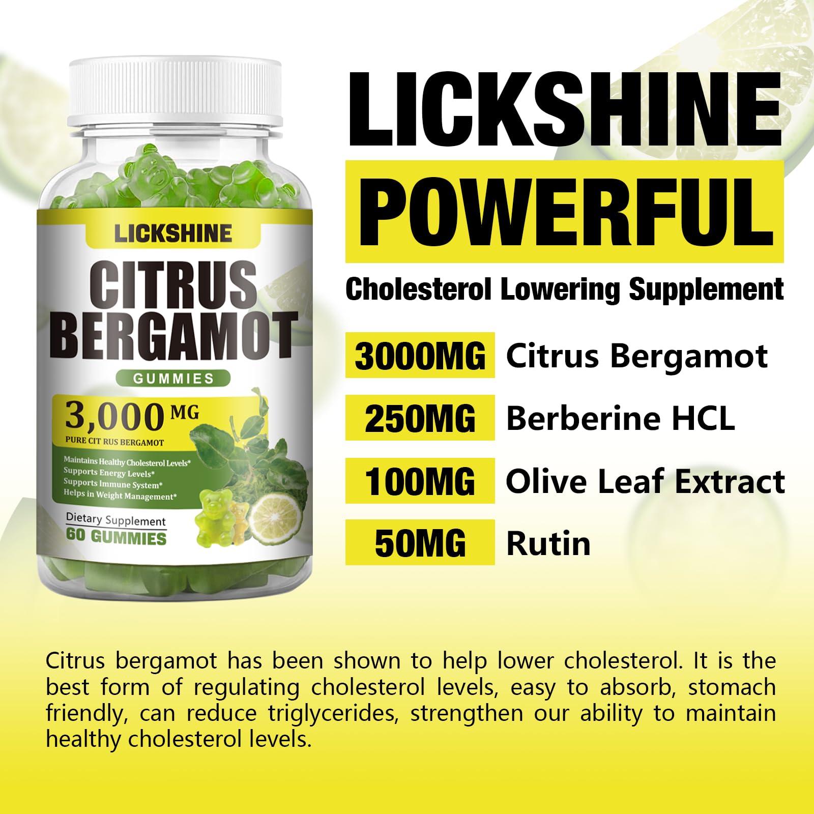 Gommes Lickshine Bergamote Citrus posées sur plan de travail, texture gélifiée et parfum citron vert.