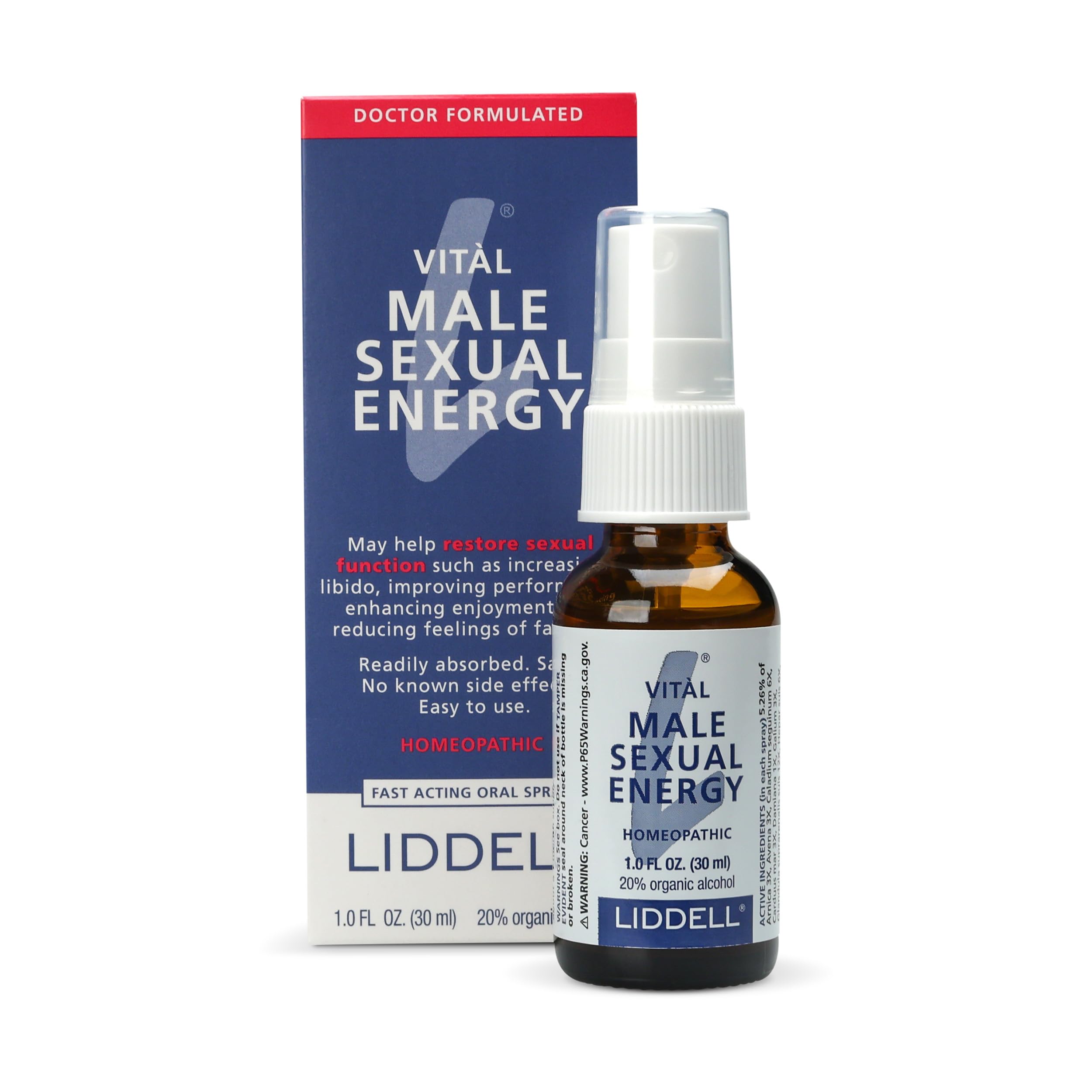 Liddell énergie vitale masculine, flacon en gros plan soutenant le bien-être intime.