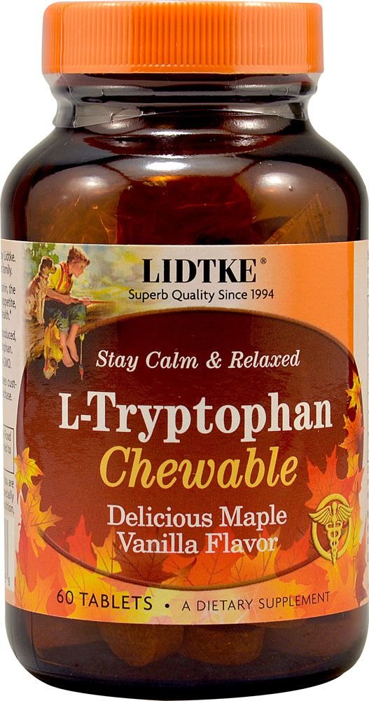 Lidtke L-Tryptophane: bouteille de comprimés mastiquables, pratique pour la routine quotidienne.