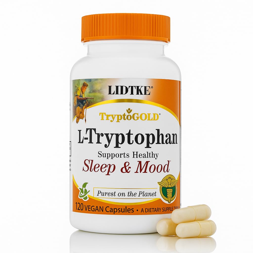 Capsules Lidtke L-Tryptophane sur fond clair, soutien potentiel à l'humeur et au bien-être