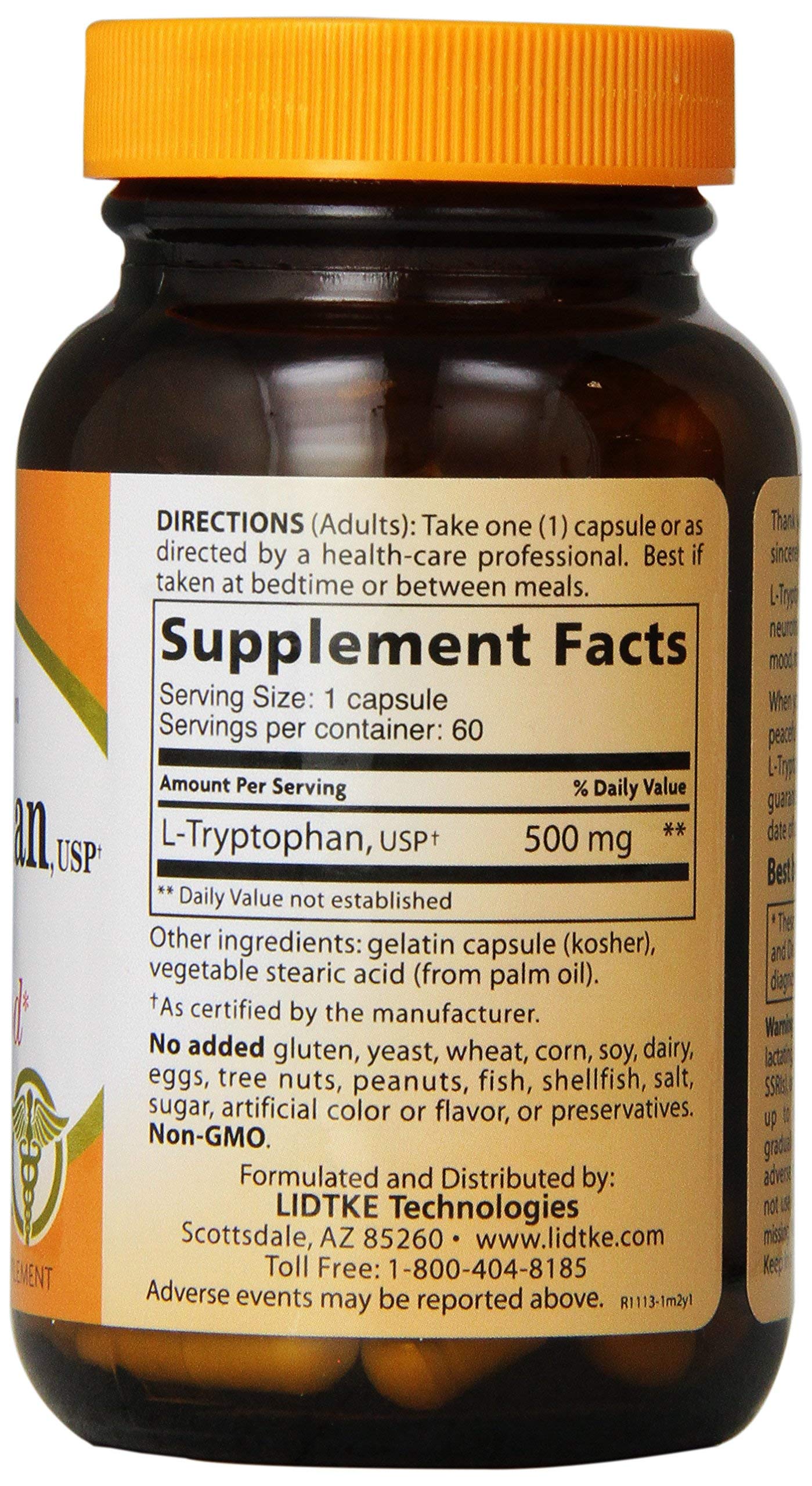 Lidtke L-Tryptophane Capsules – etiquette produit: composant naturel favorisant le bien-être.