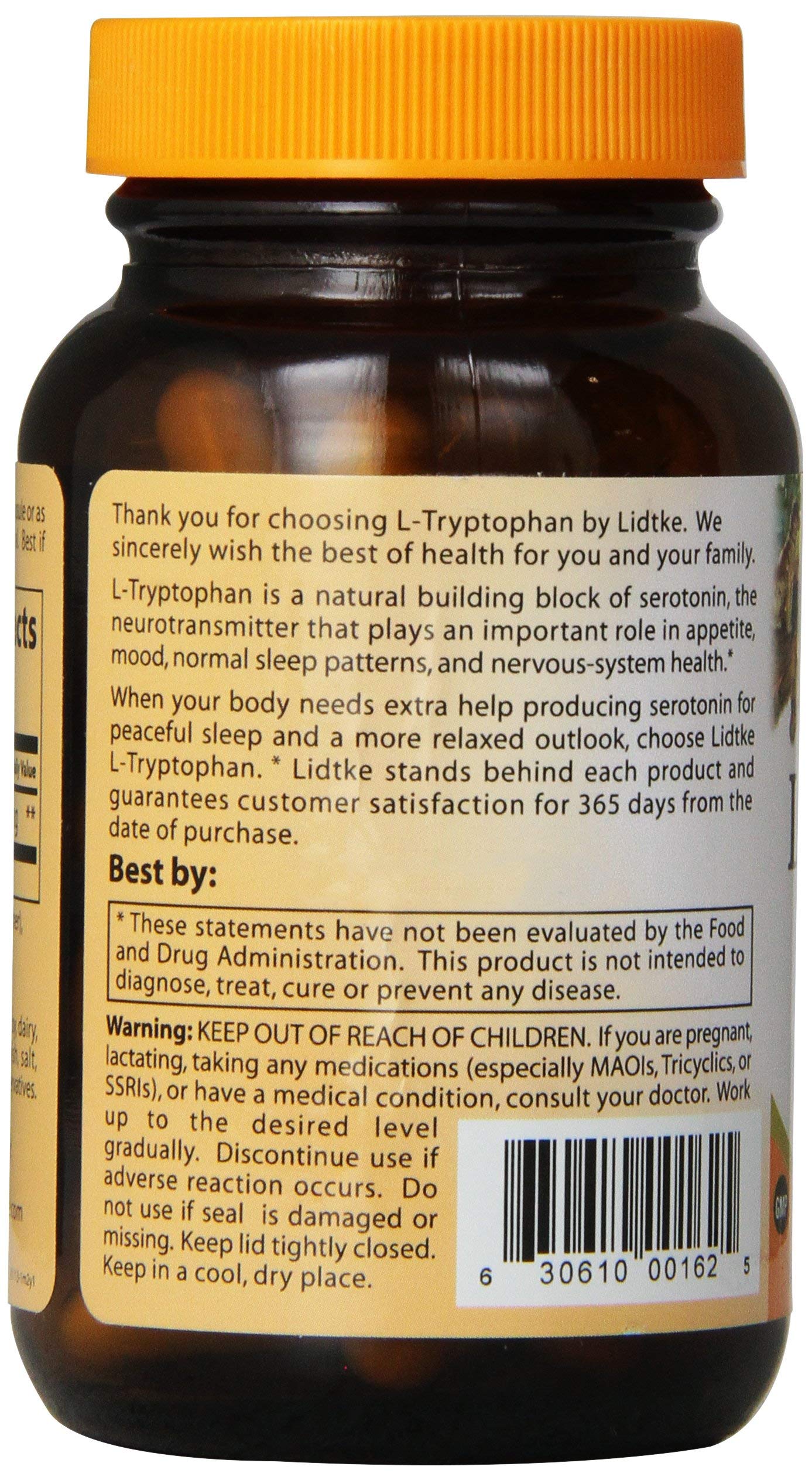 Lidtke L-Tryptophane Capsules – présentation bouteille: utilisation quotidienne potentielle pour le calme.