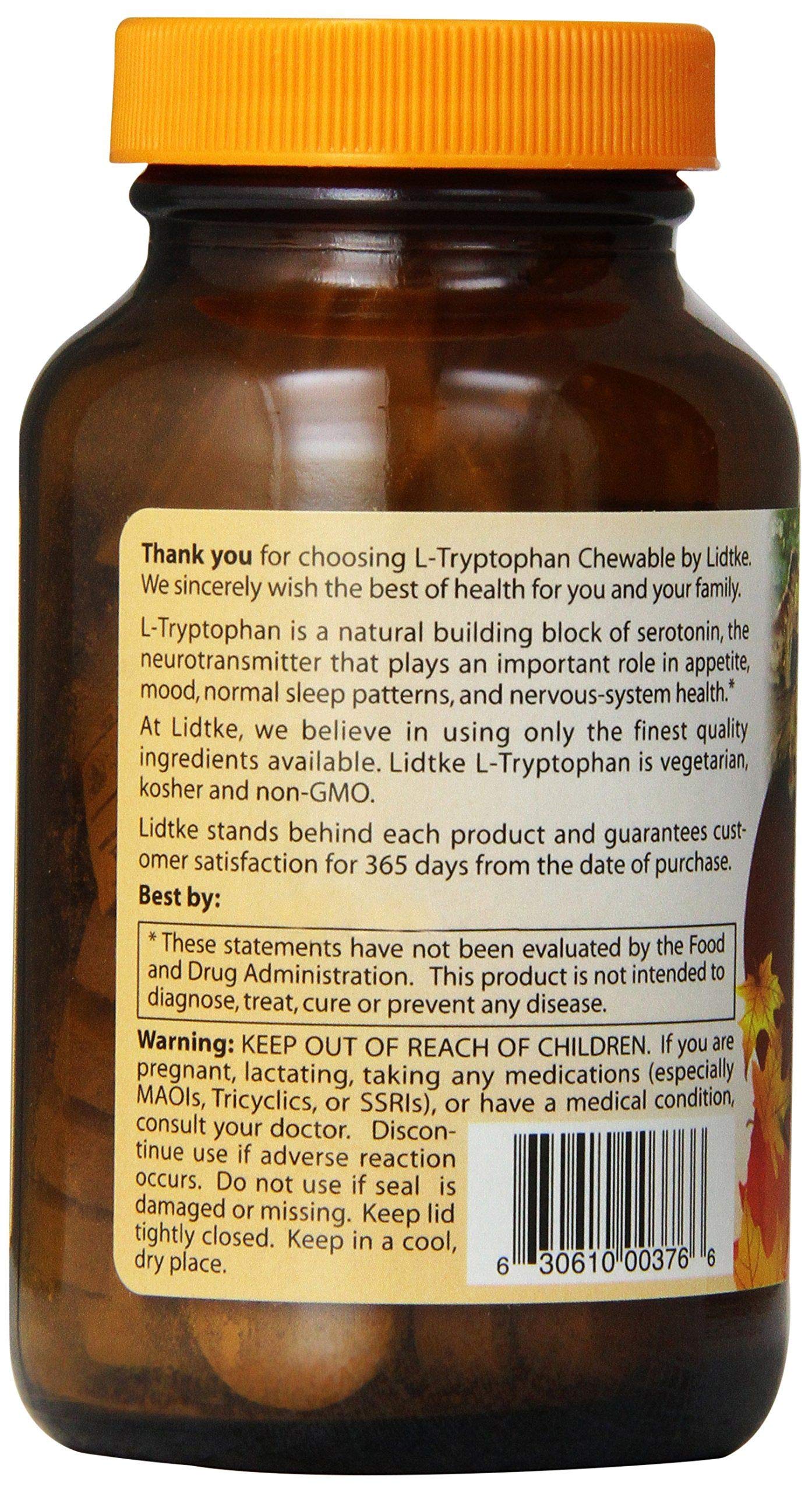 Lidtke L-Tryptophane: gros plan sur la tablette mastiquable efficace.