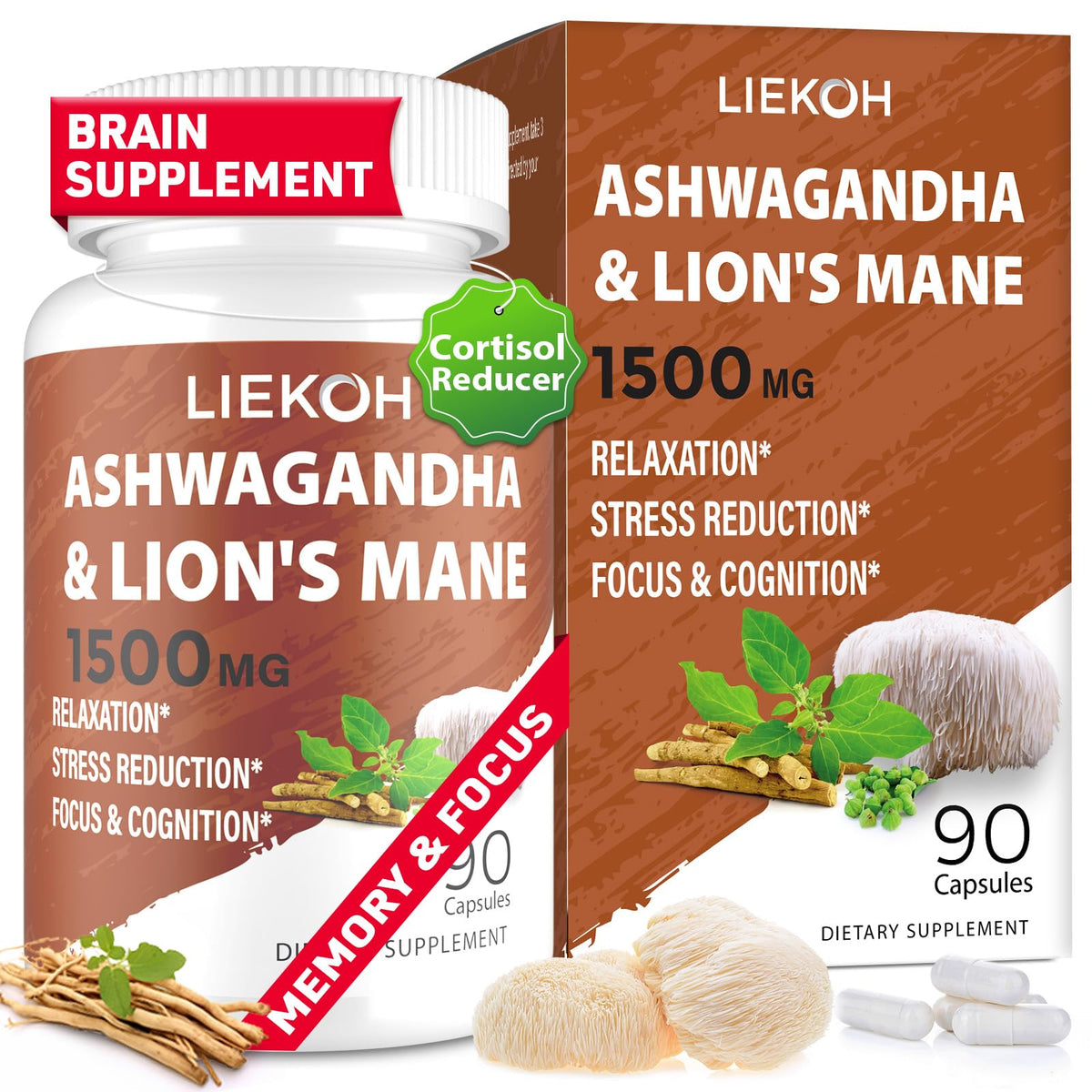 Liekoh Ashwagandha et Lions Mane - bouteille visible et concentration potentielle.